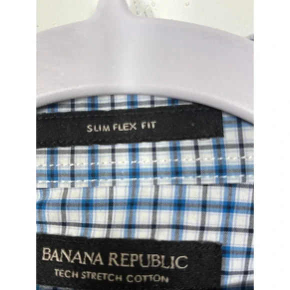 Banana Republic Mens XL Slim Flex Fit Tech Stretch Cotton Blue Check Shirt - Picture 8 of 9